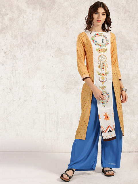 

Anouk Women Mustard Yellow & White Printed Straight Kurta