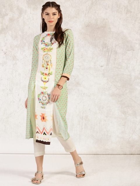 

Anouk Women Off-White & Green Printed Straight Kurta