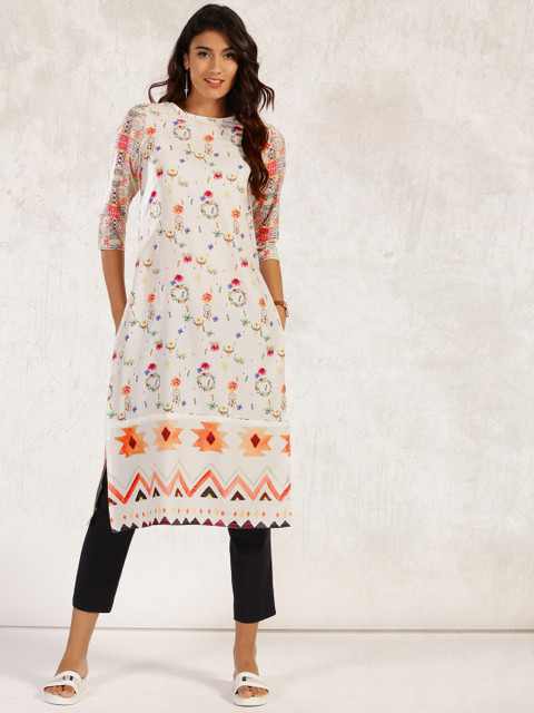 

Anouk Women White Printed Straight Kurta