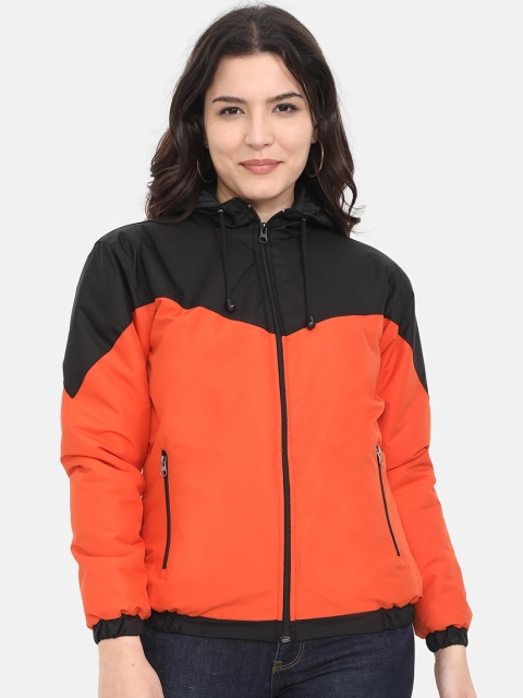 Plutus Women Black & Orange Colourblocked Crop Outdoor Sporty Jacket