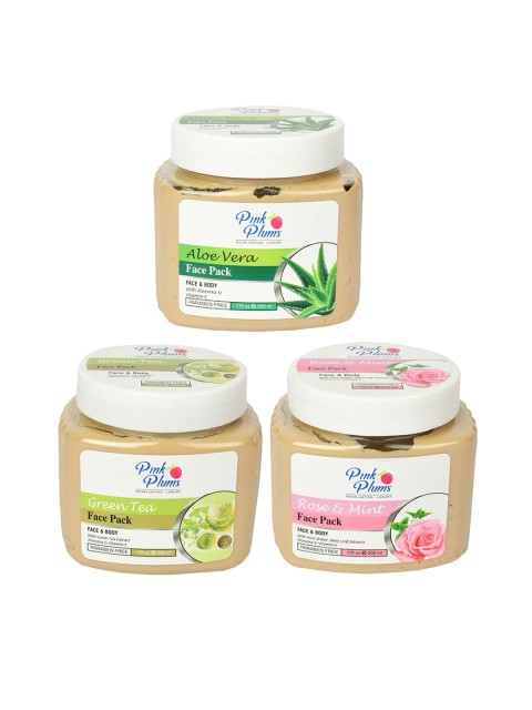 

Pink Plums Set of 3 Paraben Free Face Pack-Aloe Vera + Rose & Mint + Green Tea- 500ml each, Beige