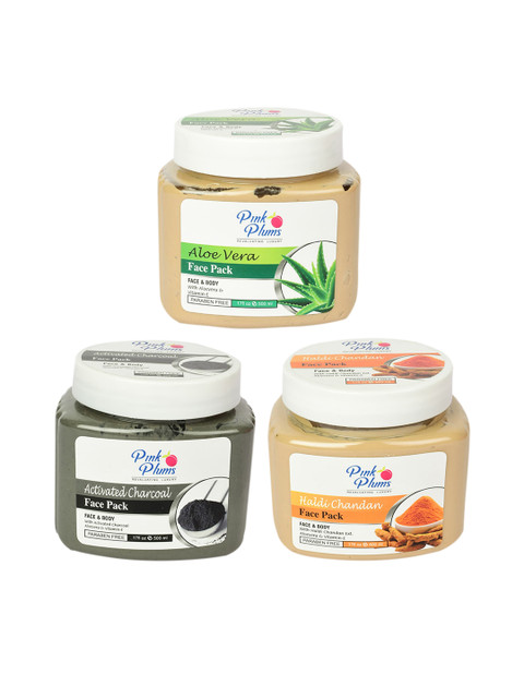 

Pink Plums Set of 3 Paraben Free Face Pack-Aloe Vera + Rose & Mint + Green Tea- 500ml each, Beige