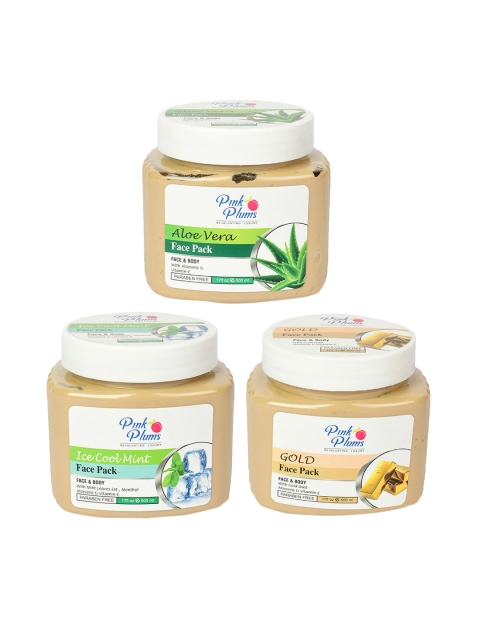 

Pink Plums Set of 3 Paraben Free Face Pack - Aloe Vera + Gold + Ice Cool Mint - 500ml each, Beige