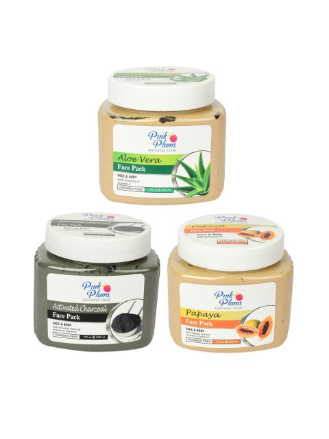 

Pink Plums Set of 3 Face Pack - Aloe Vera + Charcoal + Papaya - 500 ml Each, Multi