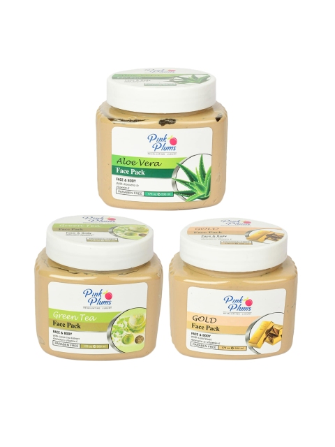 

Pink Plums Pack Of 3 Paraben Free Aloevera Green Tea & Gold Dust Face & Body Pack -1500ml, Beige