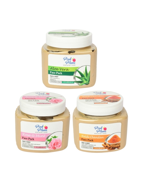 

Pink Plums Pack of 3 Aloevera Haldi Chandan Rose Mint Face & Body Face Pack-500 ml Each, Multi