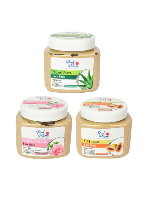 

Pink Plums Set of 3 Paraben Free Face Pack-Aloe Vera + Rose & Mint + Papaya - 500ml each, Beige
