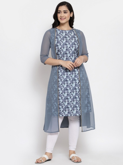 

ALC Creations Women Steel & White Floral Printed Crepe Kurta