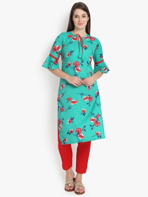 

ALC Creations Women Green & Red Floral Printed Bell Sleeves Crepe Kurta