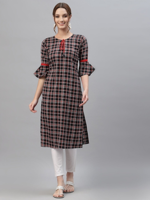 

ALC Creations Women Black & Red Checked Bell Sleeves Straight Kurta