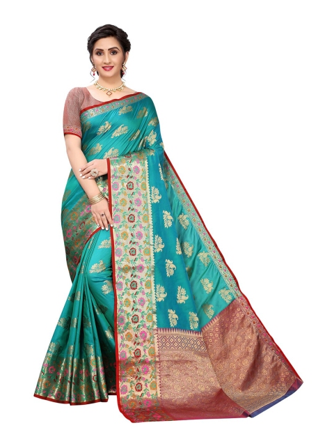 

Pisara Turquoise Blue & Maroon Woven Design Zari Silk Cotton Chanderi Saree