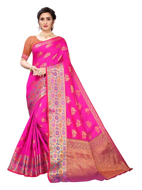 

Pisara Pink & Gold-Toned Woven Design Zari Silk Cotton Chanderi Saree