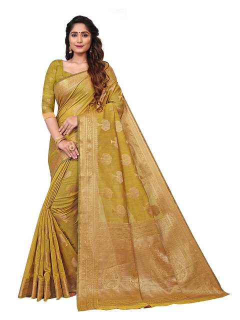 

Pisara Olive Green & Gold-Toned Woven Design Zari Silk Cotton Patola Saree