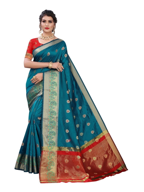 

Pisara Teal & Red Woven Design Zari Silk Cotton Chanderi Saree