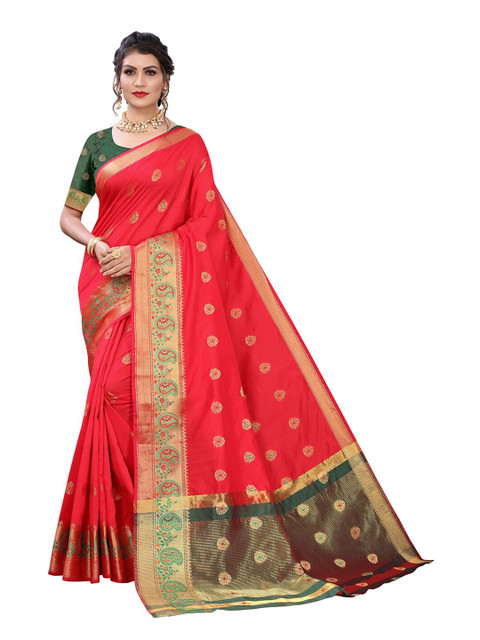 

Pisara Red & Green Woven Design Zari Silk Cotton Chanderi Saree
