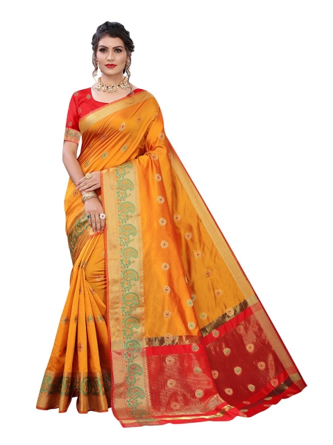 

Pisara Mustard & Red Woven Design Zari Silk Cotton Chanderi Saree