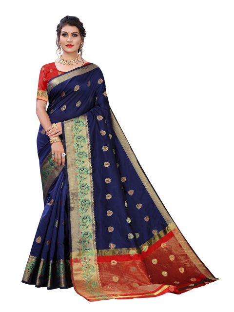 

Pisara Navy Blue & Red Woven Design Zari Silk Cotton Chanderi Saree