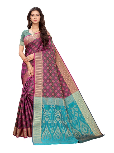 

Pisara Pink & Blue Woven Design Zari Silk Cotton Kanjeevaram Saree