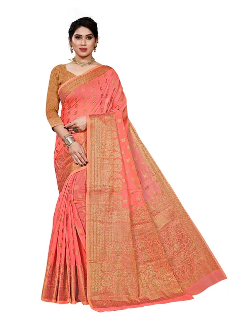 

Pisara Peach-Coloured & Gold-Toned Woven Design Zari Silk Cotton Chanderi Saree