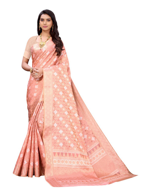 

Pisara Rose Gold & Silver-Toned Woven Design Zari Organza Saree
