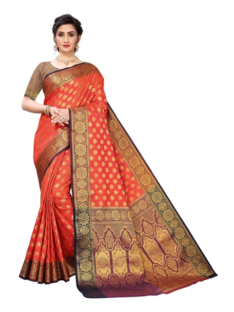 

Pisara Rust & Purple Woven Design Zari Silk Cotton Chanderi Saree