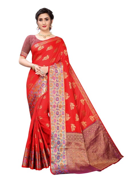 

Pisara Red & Gold-Toned Woven Design Zari Silk Cotton Chanderi Saree