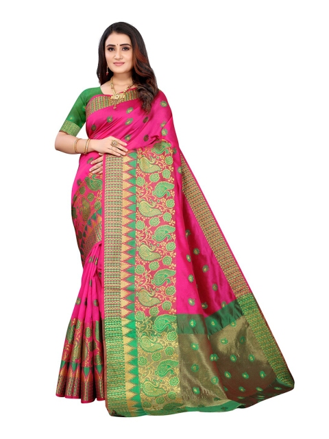 

Pisara Pink & Green Woven Design Zari Silk Cotton Banarasi Saree