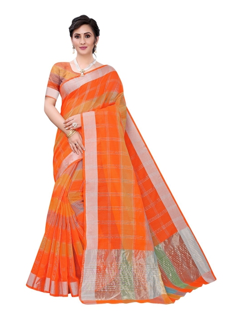 

Pisara Orange & Silver-Toned Checked Zari Silk Cotton Kota Saree