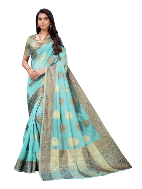 

Pisara Teal & Gold-Toned Woven Design Zari Organza Saree