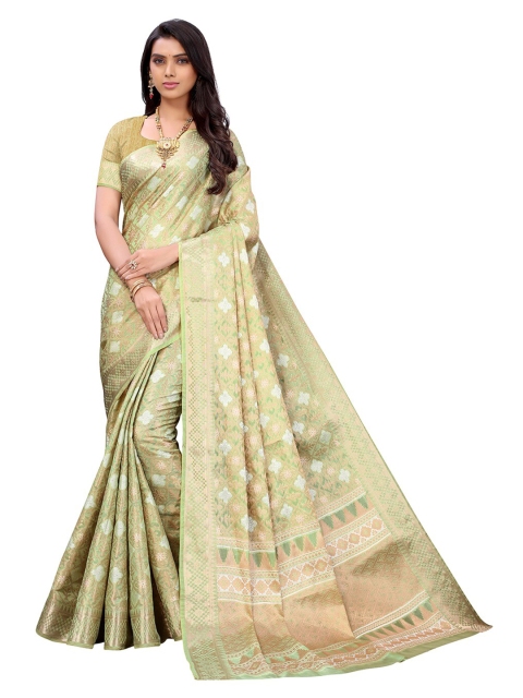 

Pisara Lime Green & Gold-Toned Woven Design Zari Organza Saree