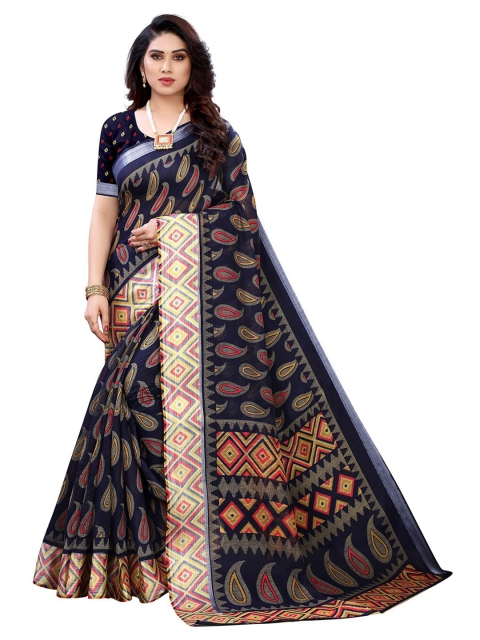 

Pisara Navy Blue & Orange Ethnic Motifs Silk Cotton Saree