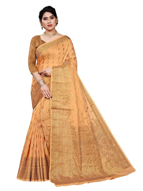 

Pisara Rust & Gold-Toned Woven Design Zari Silk Cotton Chanderi Saree