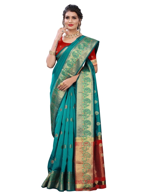 

Pisara Turquoise Blue & Red Woven Design Zari Silk Cotton Chanderi Saree