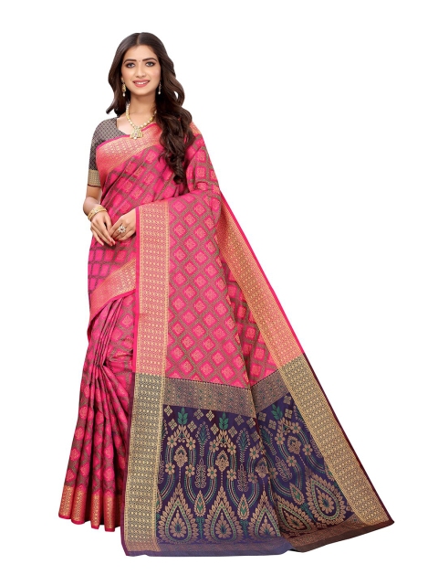 

Pisara Pink & Blue Woven Design Zari Silk Cotton Kanjeevaram Saree