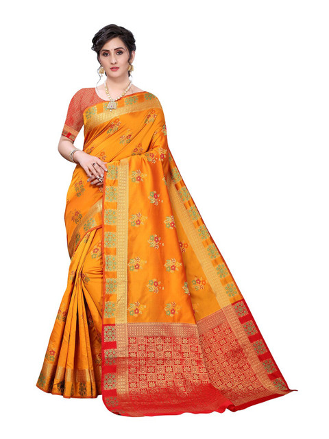 

Pisara Mustard & Red Woven Design Zari Silk Cotton Patola Saree