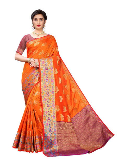 

Pisara Orange & Pink Woven Design Zari Silk Cotton Chanderi Saree
