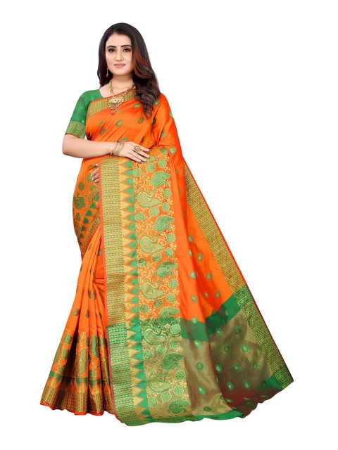 

Pisara Orange & Green Woven Design Zari Silk Cotton Banarasi Saree
