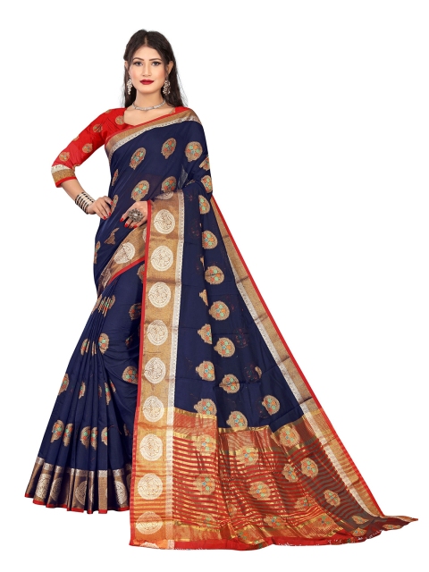 

Rivana Navy Blue & Red Floral Zari Pure Cotton Chanderi Saree