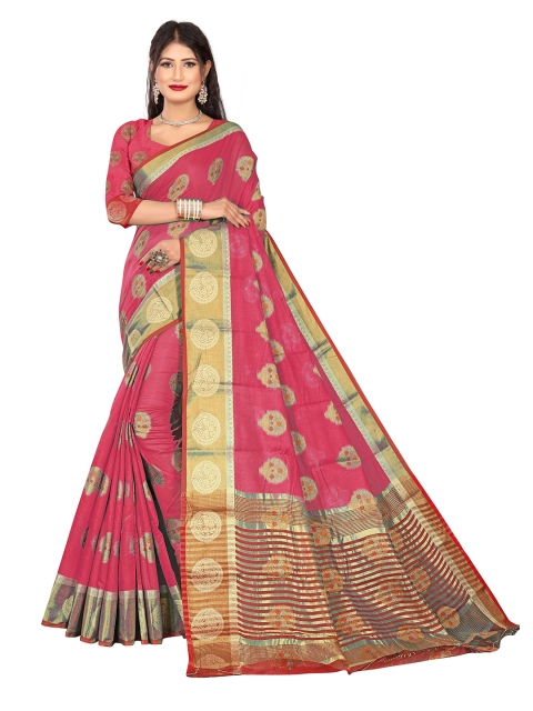

Rivana Pink & Gold-Toned Woven Design Zari Pure Cotton Chanderi Saree