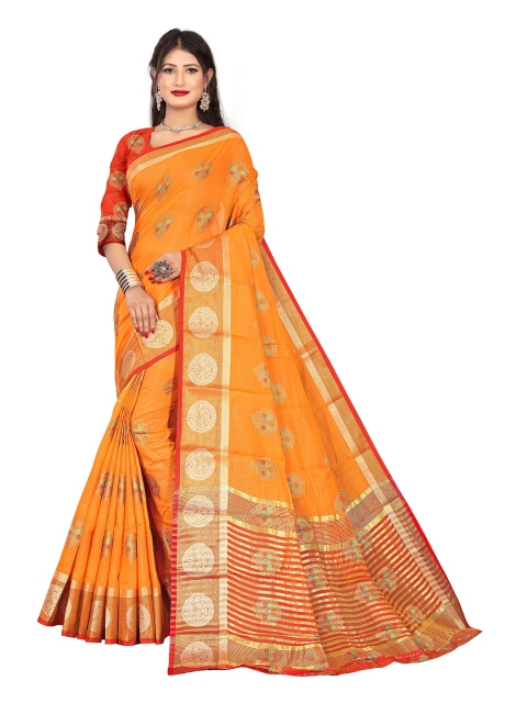 

Rivana Orange & Gold-Toned Woven Design Zari Pure Cotton Chanderi Saree