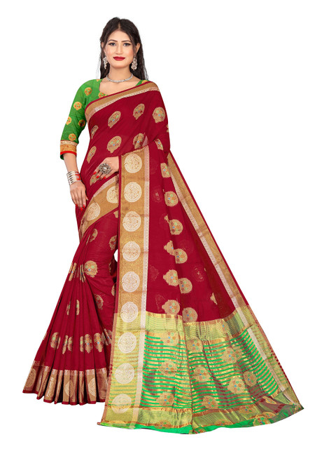 

Rivana Maroon & Green Woven Design Zari Pure Cotton Chanderi Saree