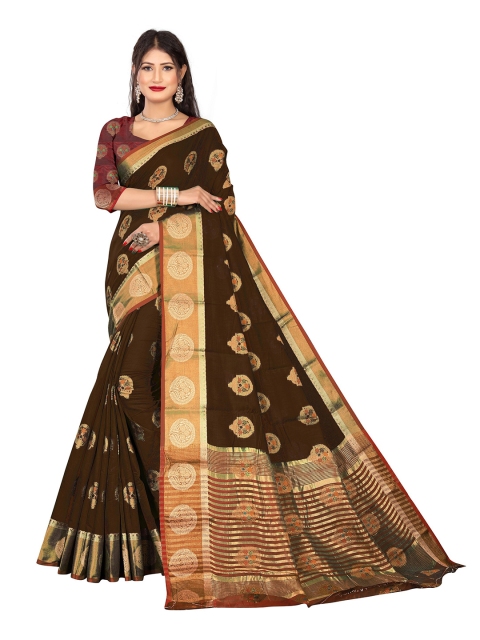 

Rivana Brown & Gold-Toned Floral Zari Pure Cotton Chanderi Saree