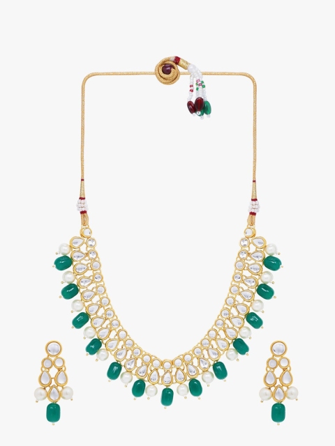 

Simply yours Gold Plated Green & White Kundan-Studded & Beaded Jewellery Set