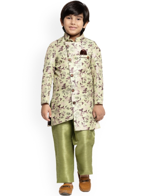 

MAXENCE Boys Green & Cream-Coloured Printed Silk Sherwani Set