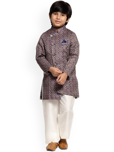 

MAXENCE Boys Navy Blue & White Printed Sherwani Set
