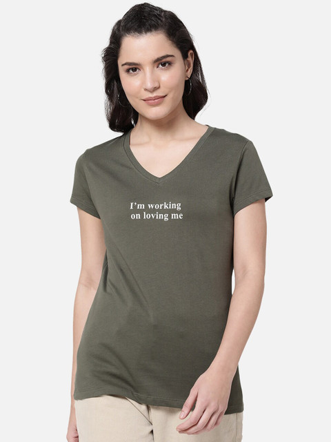 

R&B Women Olive Green Typography V-Neck T-shirt