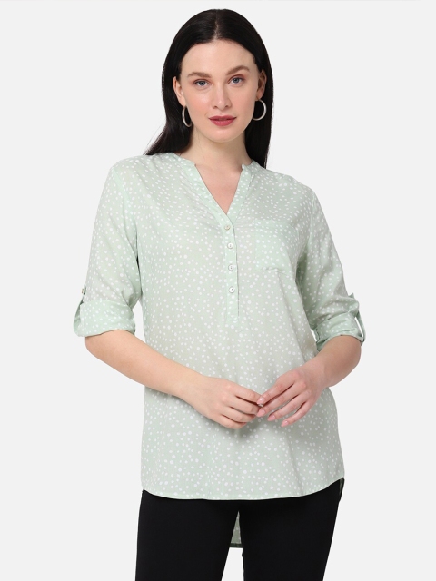 

R&B Green Print Mandarin Collar Roll-Up Sleeves Shirt Style Top