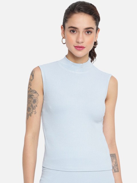 

R&B Women Soild Blue High Neck Top