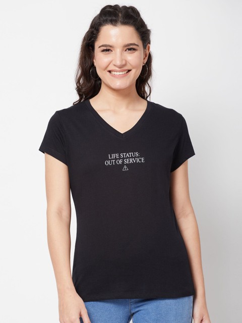 

R&B Women Black Typography Printed V-Neck T-shirt