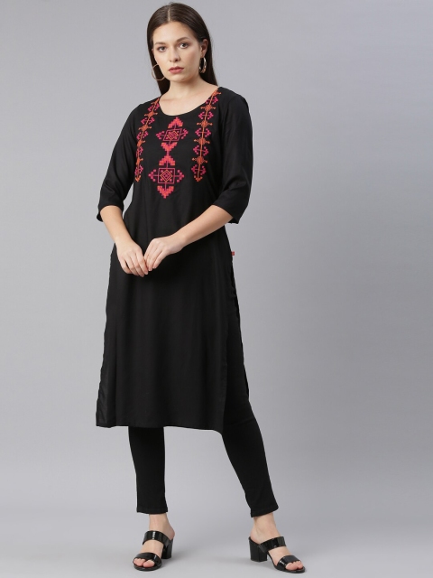 

Marcia Women Black & Pink Ethnic Motifs Yoke Design Embroidered Rayon Straight Kurta